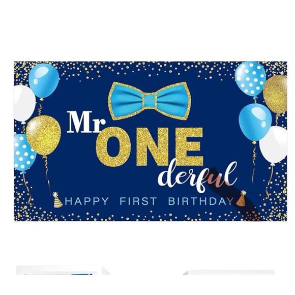Mr. Onederful First Birthday Backdrop Banner Boys 1st Birthday Blue Gold Decor - Picture 1 of 3